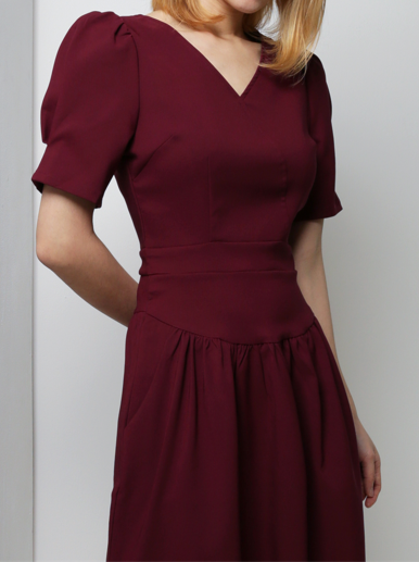 V Neck Puff Sleeve Panel Dress 18243