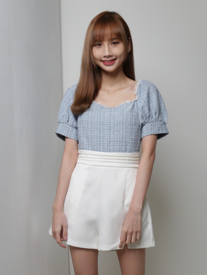 Two Tones Puff Sleeve Pleat Jumpsuit 18257