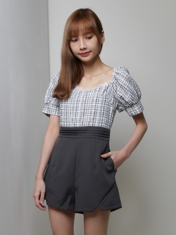 Two Tones Puff Sleeve Pleat Jumpsuit 18257