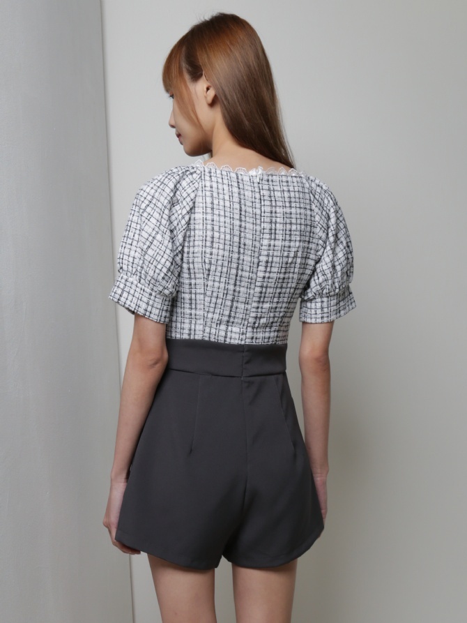 Two Tones Puff Sleeve Pleat Jumpsuit 18257