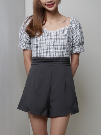 Two Tones Puff Sleeve Pleat Jumpsuit 18257