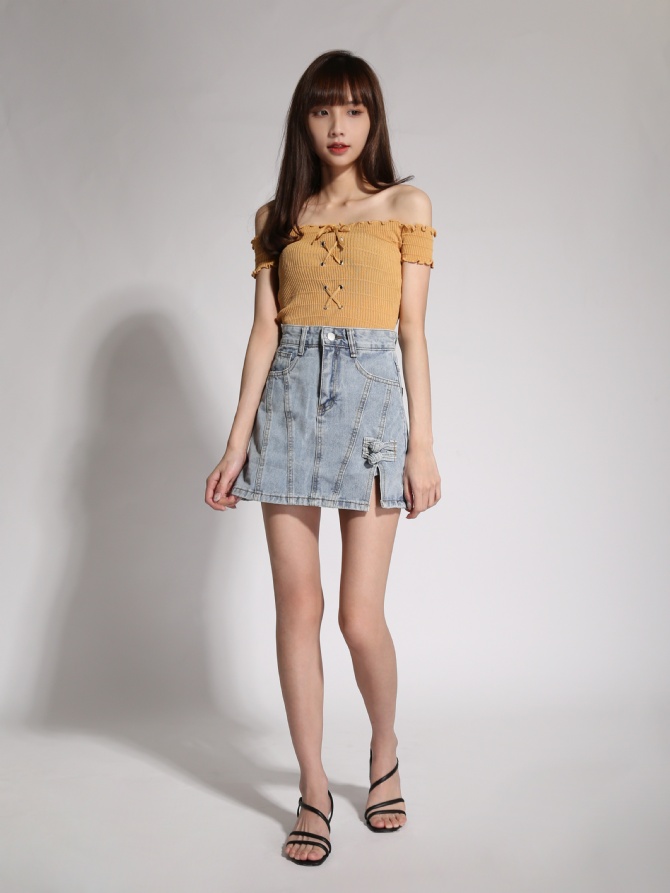 Knitted Off Shoulder Tie Up Top 19692