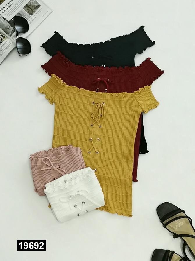 Knitted Off Shoulder Tie Up Top 19692