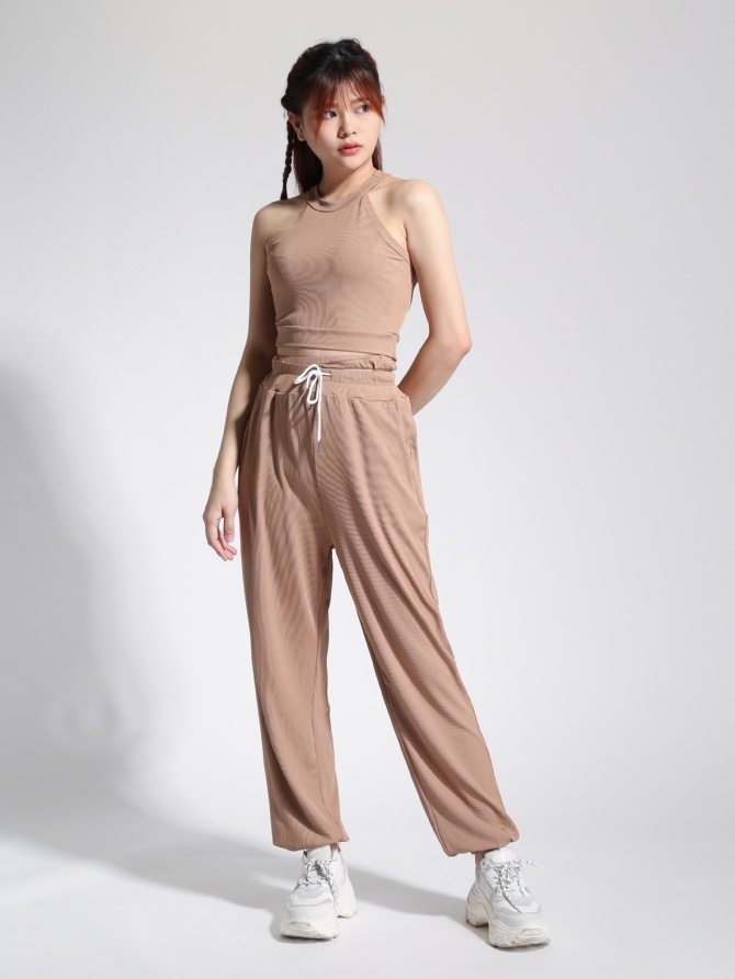 Sleeveless Halter Top With Drawstring Long Pants 22821