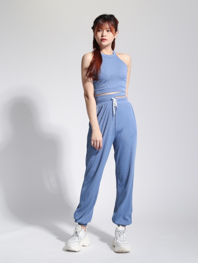 Sleeveless Halter Top With Drawstring Long Pants 22821