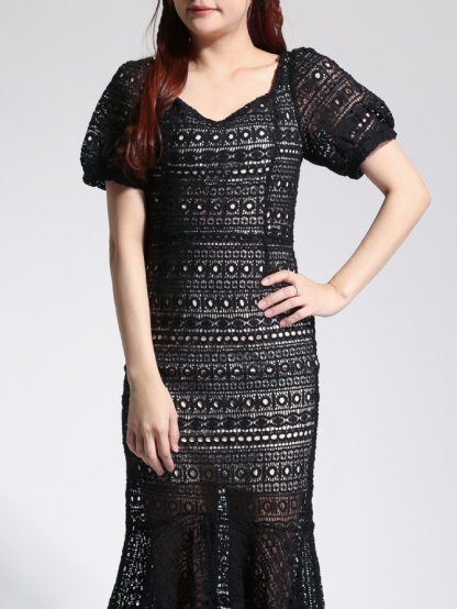 Square Neck Lace Crochet Flounce Dress 22798