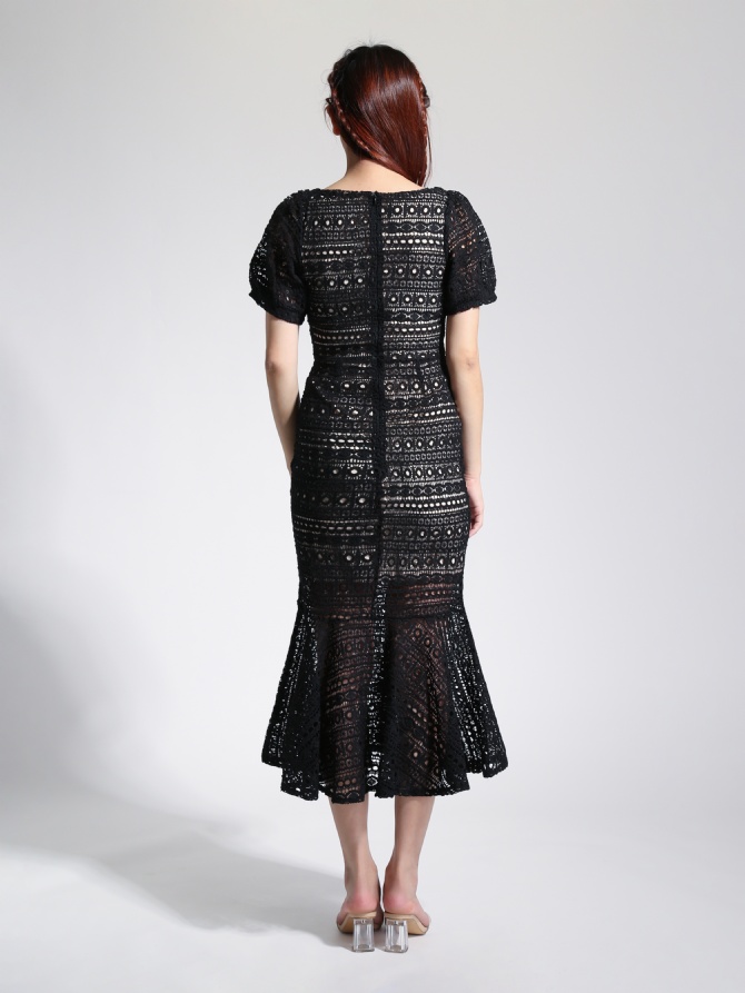 Square Neck Lace Crochet Flounce Dress 22798