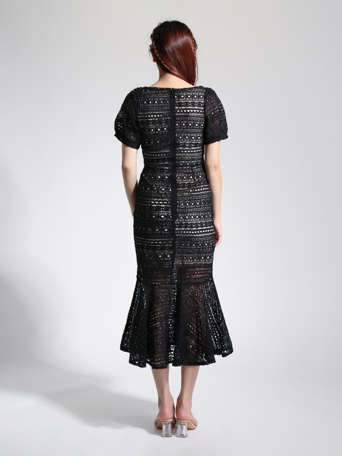 Square Neck Lace Crochet Flounce Dress 22798