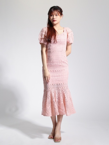 Square Neck Lace Crochet Flounce Dress 22798