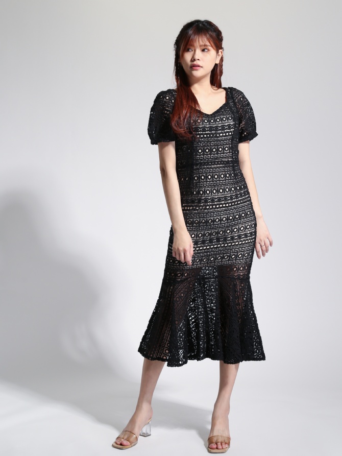 Square Neck Lace Crochet Flounce Dress 22798