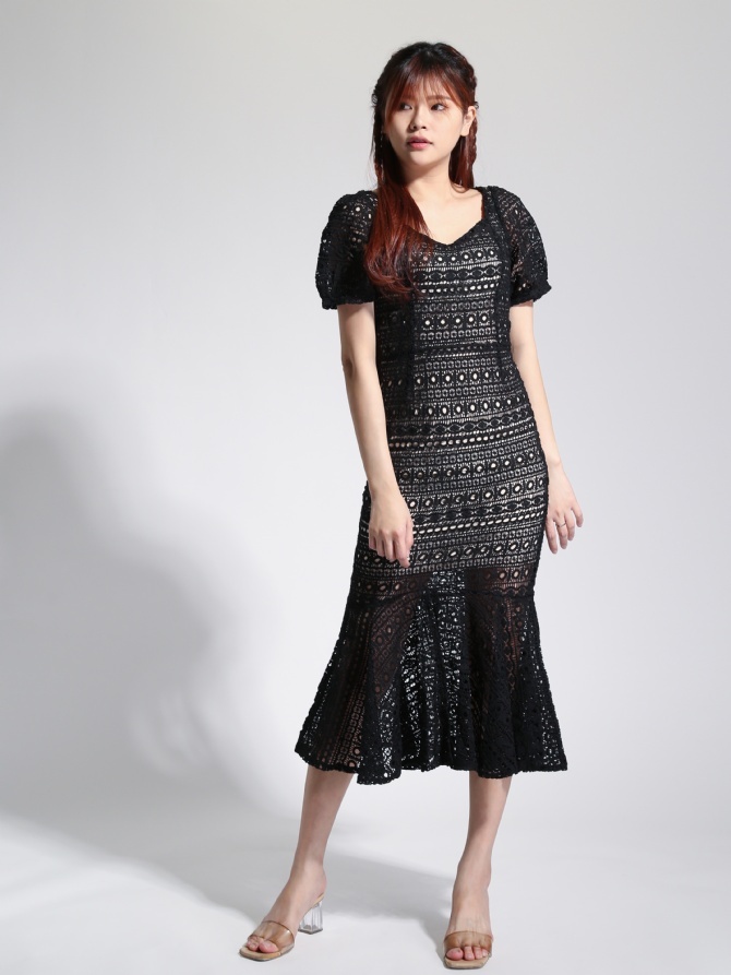 Square Neck Lace Crochet Flounce Dress 22798