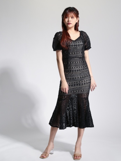 Square Neck Lace Crochet Flounce Dress 22798