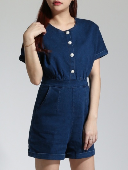 Denim Front Four Button Short Sleeve Jumpsuit 22778