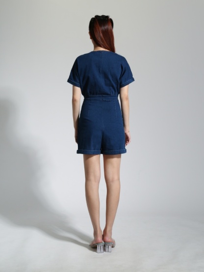 Denim Front Four Button Short Sleeve Jumpsuit 22778