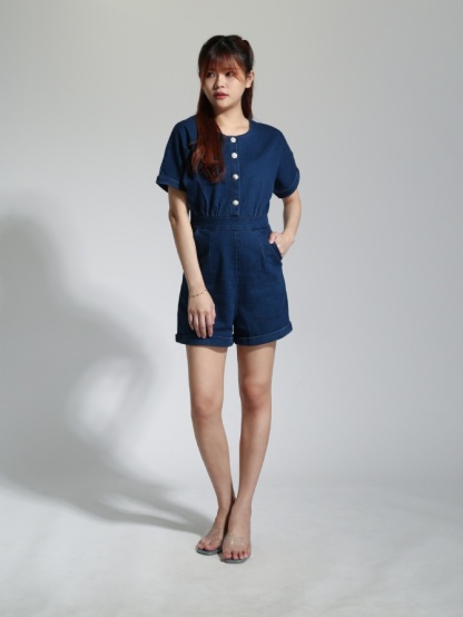 Denim Front Four Button Short Sleeve Jumpsuit 22778