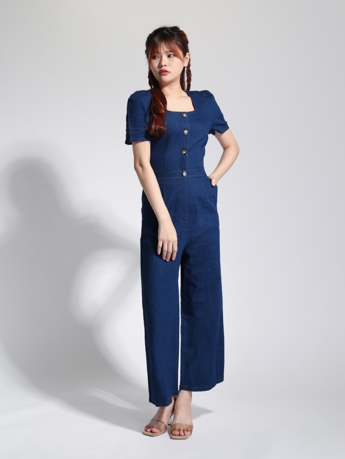 Denim Square Neck Cap Sleeve Jumpsuit 22779