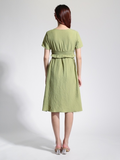 V Neck Six Button Top With Front Button Skirt Set 22769