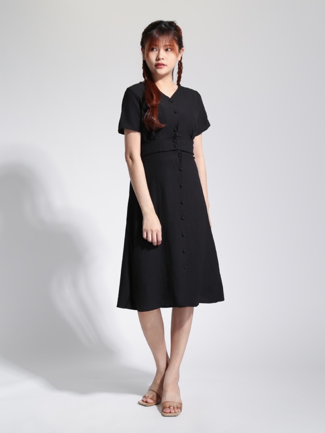 V Neck Six Button Top With Front Button Skirt Set 22769