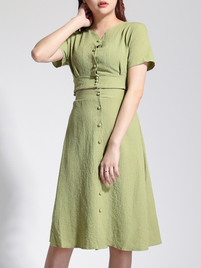 V Neck Six Button Top With Front Button Skirt Set 22769