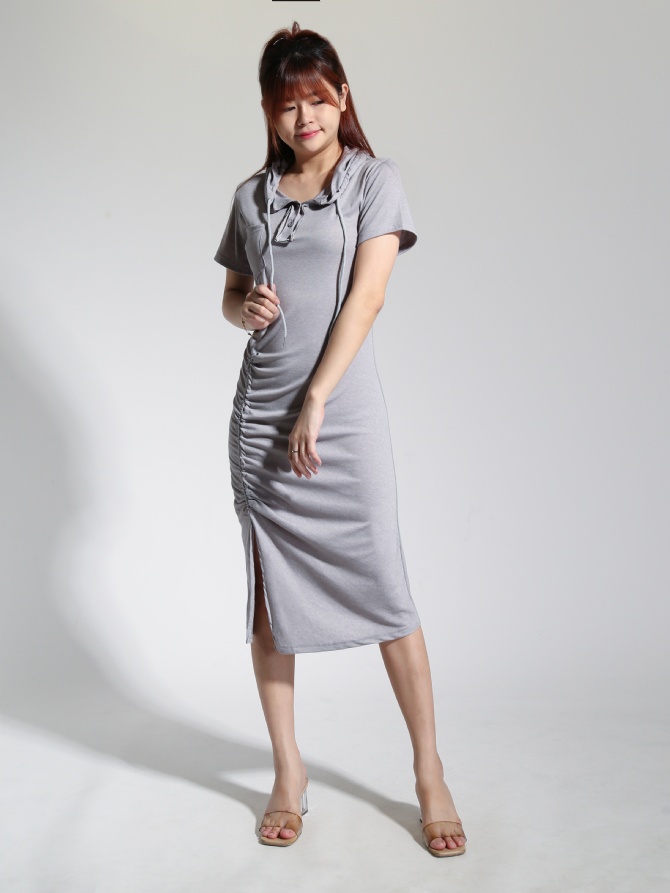 Short Sleeve Cap Side Drawstring With Split Dress 22510