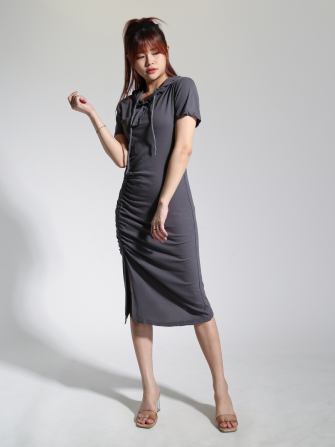 Short Sleeve Cap Side Drawstring With Split Dress 22510