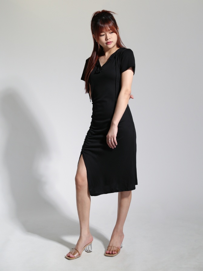 Short Sleeve Cap Side Drawstring With Split Dress 22510