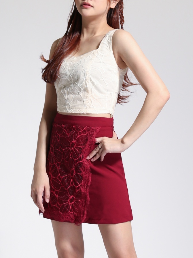 Lace Square Neck Top With Lace Skirt Pant Set 22738