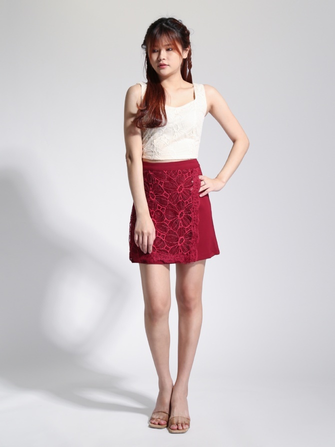 Lace Square Neck Top With Lace Skirt Pant Set 22738