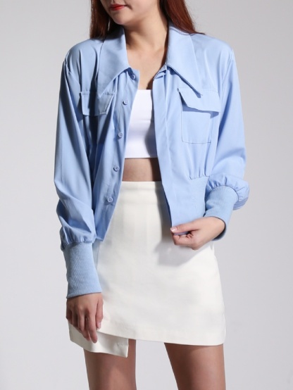 Collar Long Sleeve Waist Stretchable Blouse 22526