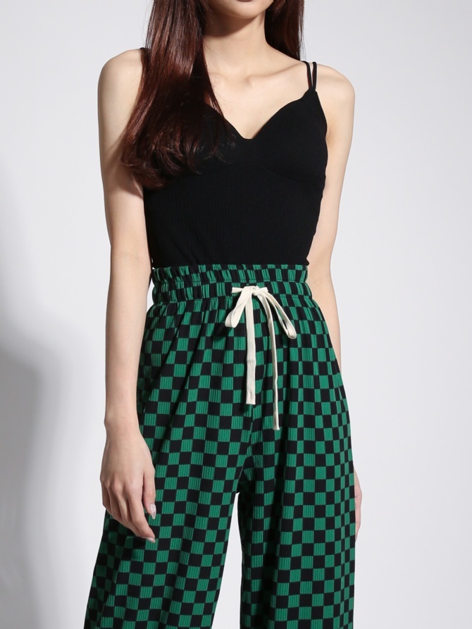High Waist Waist Drawstring Checker Long Pants 22082