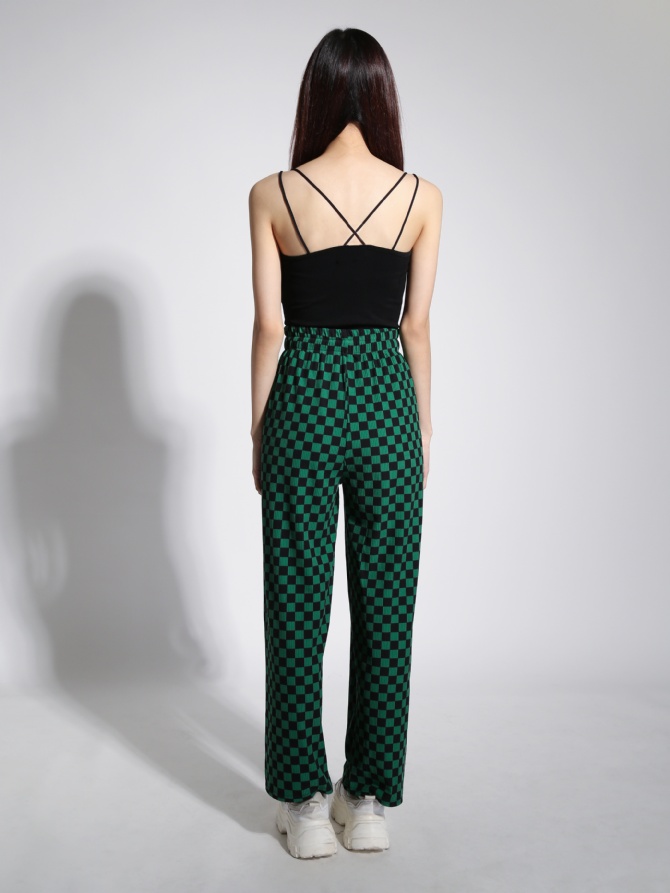 High Waist Waist Drawstring Checker Long Pants 22082