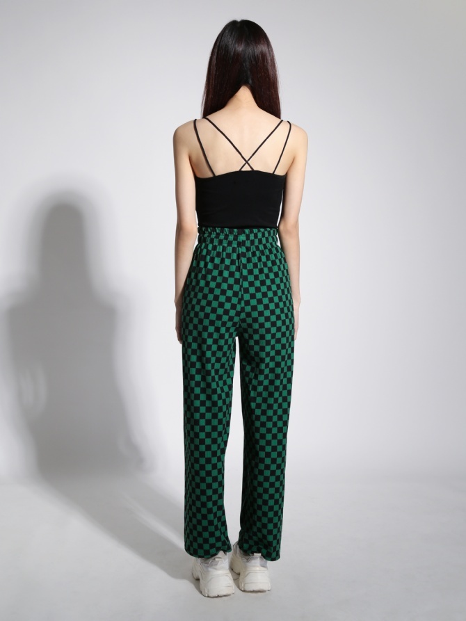 High Waist Waist Drawstring Checker Long Pants 22082