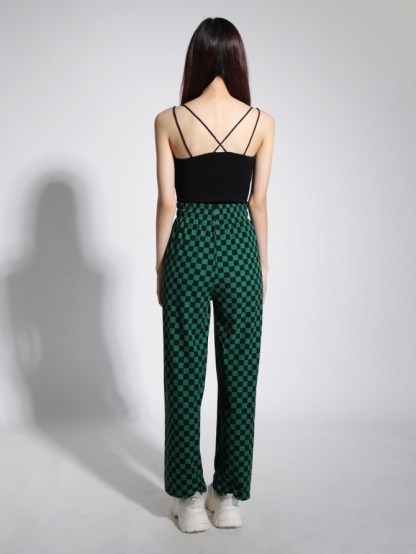 High Waist Waist Drawstring Checker Long Pants 22082