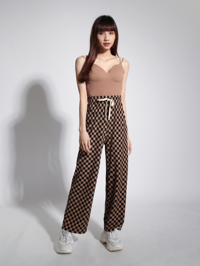 High Waist Waist Drawstring Checker Long Pants 22082