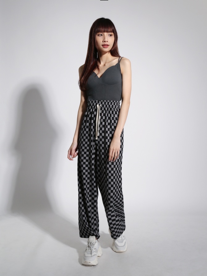 High Waist Waist Drawstring Checker Long Pants 22082