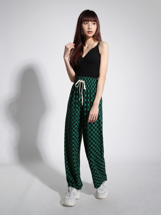 High Waist Waist Drawstring Checker Long Pants 22082