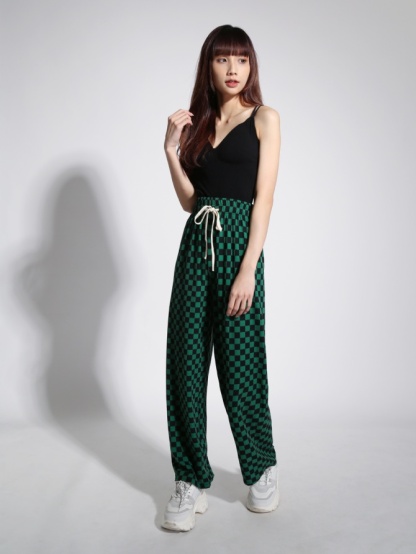 High Waist Waist Drawstring Checker Long Pants 22082