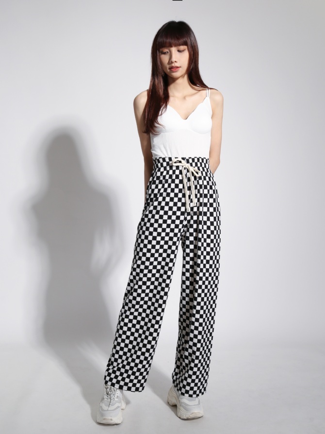 High Waist Waist Drawstring Checker Long Pants 22082