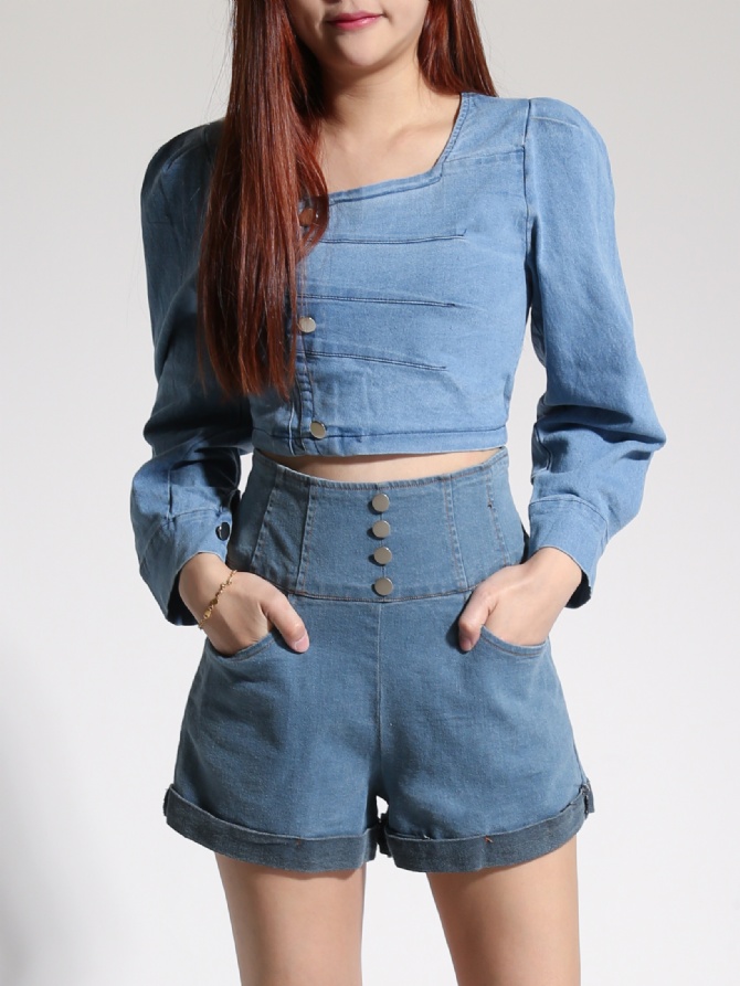 Denim Front Button Long Sleeve Top 22568