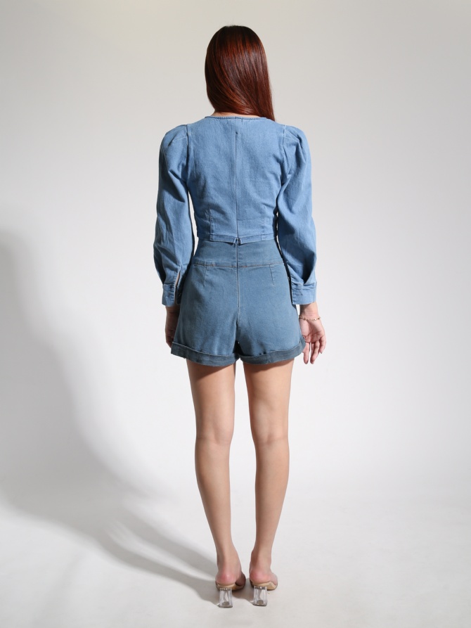Denim Front Button Long Sleeve Top 22568