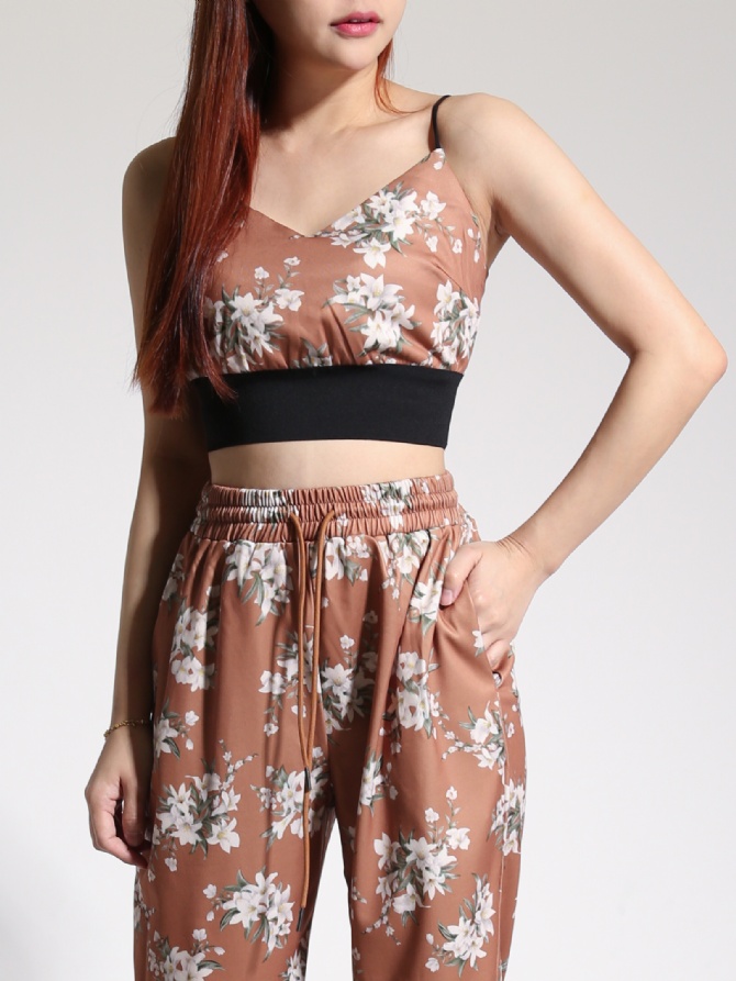 Spaghetti Strap Top With High Waist Long Pant Set 22581