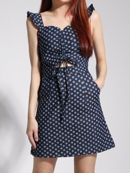 Polka Dot Sleeveless With Front Drawstring Front Hole Jumpsuit 22251