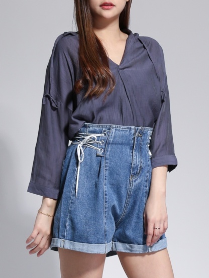 V Neck With Cap Long Sleeve Top 23023