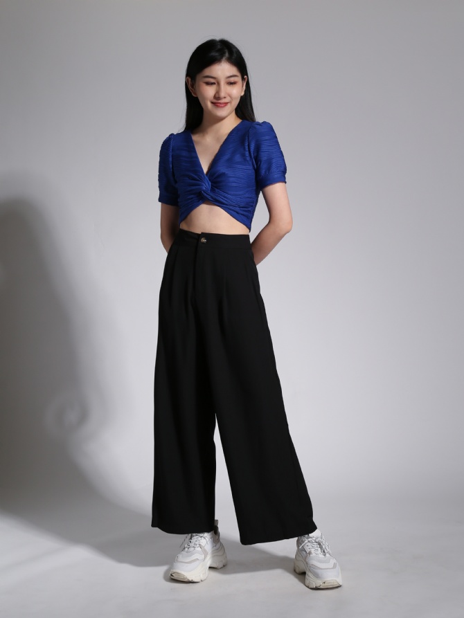 Twist Short Sleeve Top With Wide Leg Long Pants Set 23741