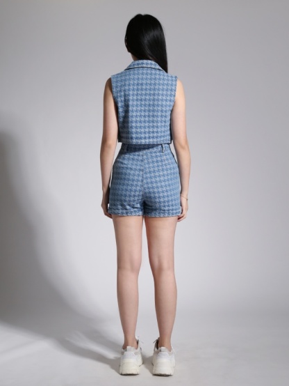 Houndstooth Button Pocket Denim Top With Houndstooth Short Pants Set 23750
