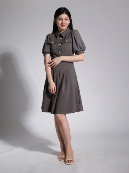 Puff Sleeve Front Button Pleated Dress 23765
