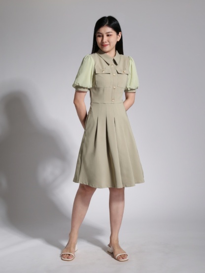 Puff Sleeve Front Button Pleated Dress 23765