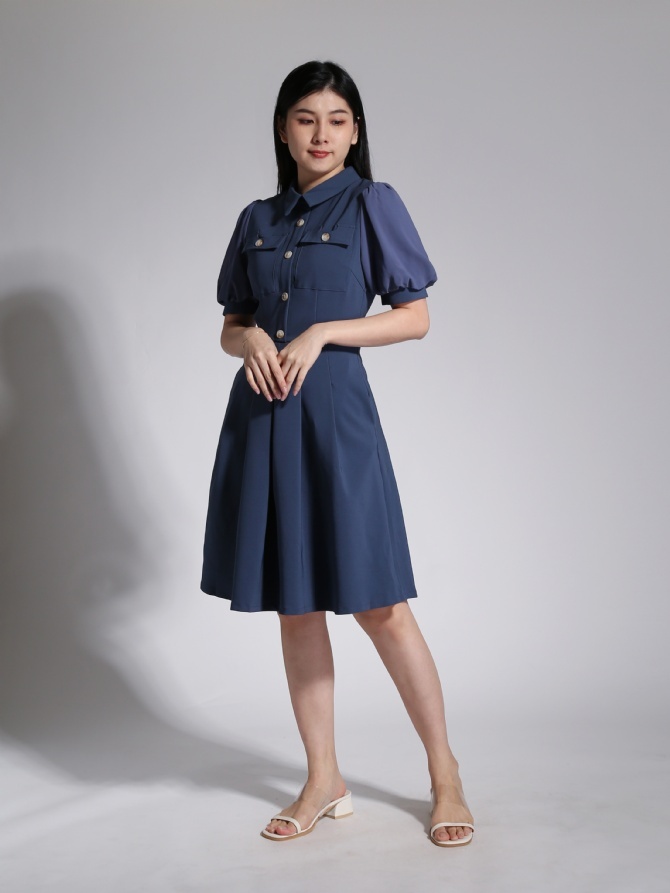 Puff Sleeve Front Button Pleated Dress 23765