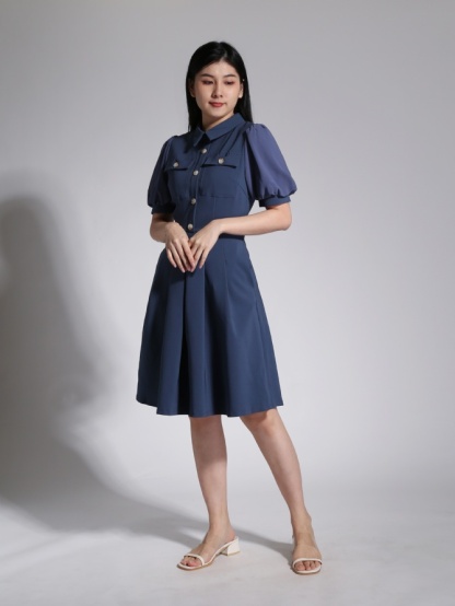 Puff Sleeve Front Button Pleated Dress 23765