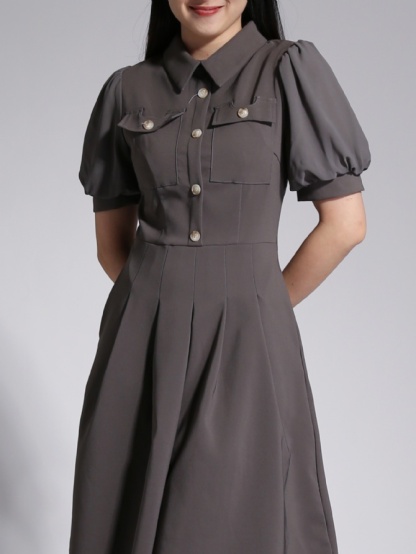 Puff Sleeve Front Button Pleated Dress 23765